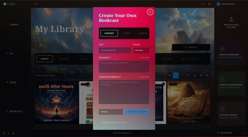The Create Your Own Bookcast modal in the kaOS Folio reader, with Title, Format, Description, and Content for Reflection fields, and a Begin Recording call to action